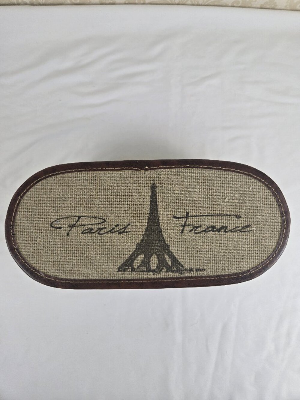 Burlap and Leather Oval Shaped Hinged Box Eiffel Tower Graphic Paris, France